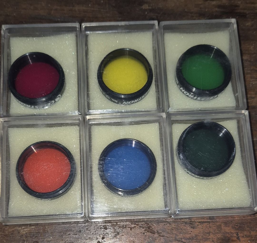 Celestron Planetary Filters (Category: Lens & Kits) located in Caloocan City. Submitted by evilgenius47515 (Listing ID 1347665387, Image 1). Description: Php500 EACH Filters - Colored filters can be used to bring out certain details on a planet’s surface or its cloud structure. 1) #80A Blue Filter - 1.25” - Most popular for the study of detail on Jupiter and Saturn - Enhances the contrast on Jupiter's cloud belts - Enhances details of the Great R