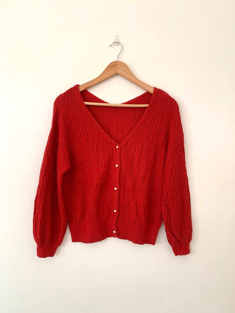 PRETTY! Lightweight Red Cable Knit Semi Cropped (Category: Others Tops) located in Pasuquin. Submitted by luxthingsdeclutter (Listing ID 1347803160, Image 2). Description: Prettyy when worn!! In Excellent condition. Lightweight. Nakakaputi. Actual photos are posted. Cable knit red. Can be worn as cardigan too. Shipping fee must be shouldered by the buyer. Helping tags: rare coquette trendy h&m zara uniqlo luxury .