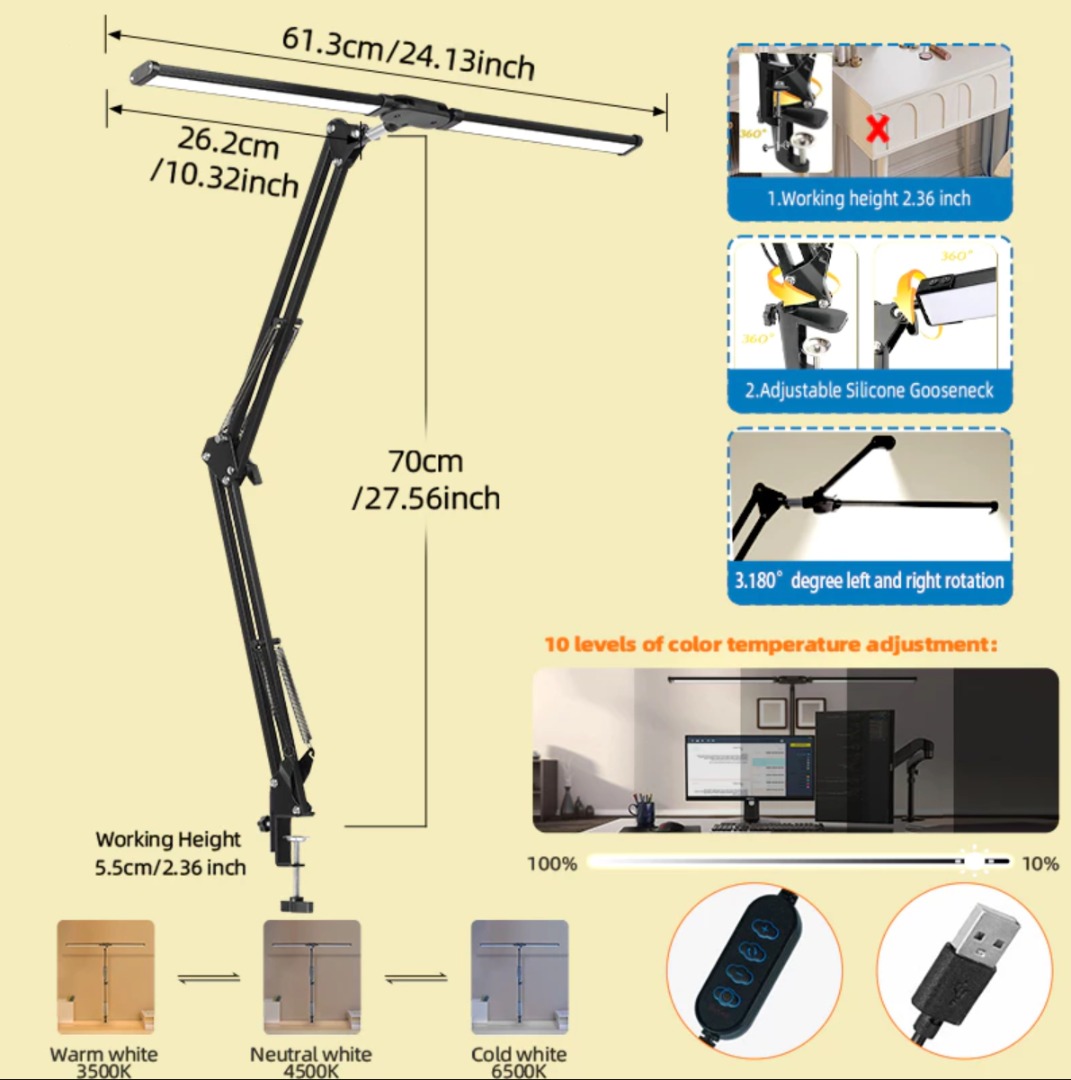(s) LED Double Head Monitor Light Bar Dimmable Table Lam USB Tri-colo ...