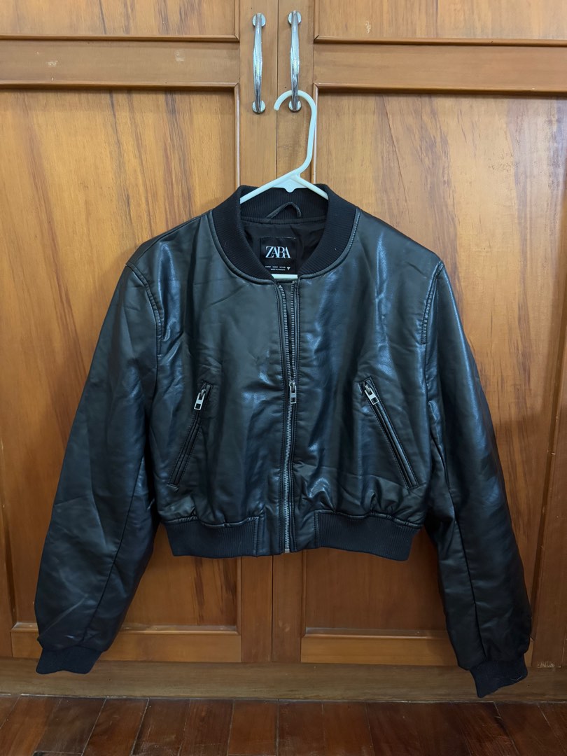 Zara Cropped Leather Bomber Jacket, Women's Fashion, Coats, Jackets and ...