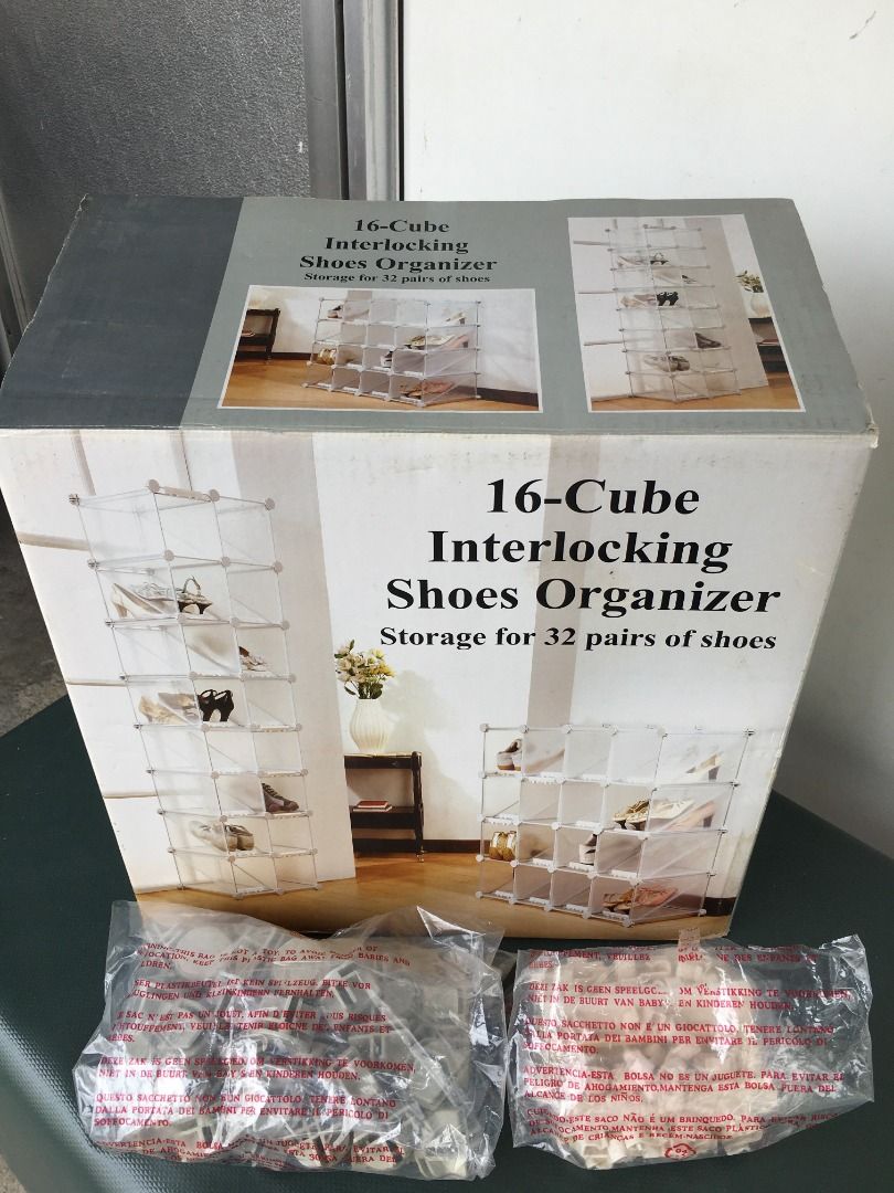 16 Cube Interlocking Shoes Organizer (Category: Storage Boxes & Baskets) located in Calamba. Submitted by marjoh29436 (Listing ID 1347946442, Image 1). Description: Storage for 32 pairs of shoes / Clean the pp panels with damp cloth Each single size cubes : 18.4 W x 35.6 D x 18.4 H cm Color: White Material: Polypropylene Made in Taiwan 16 fully modular, interlocking cubes Suitable for shoes, toys or clothes Durable, easy to assemble and clean Ori