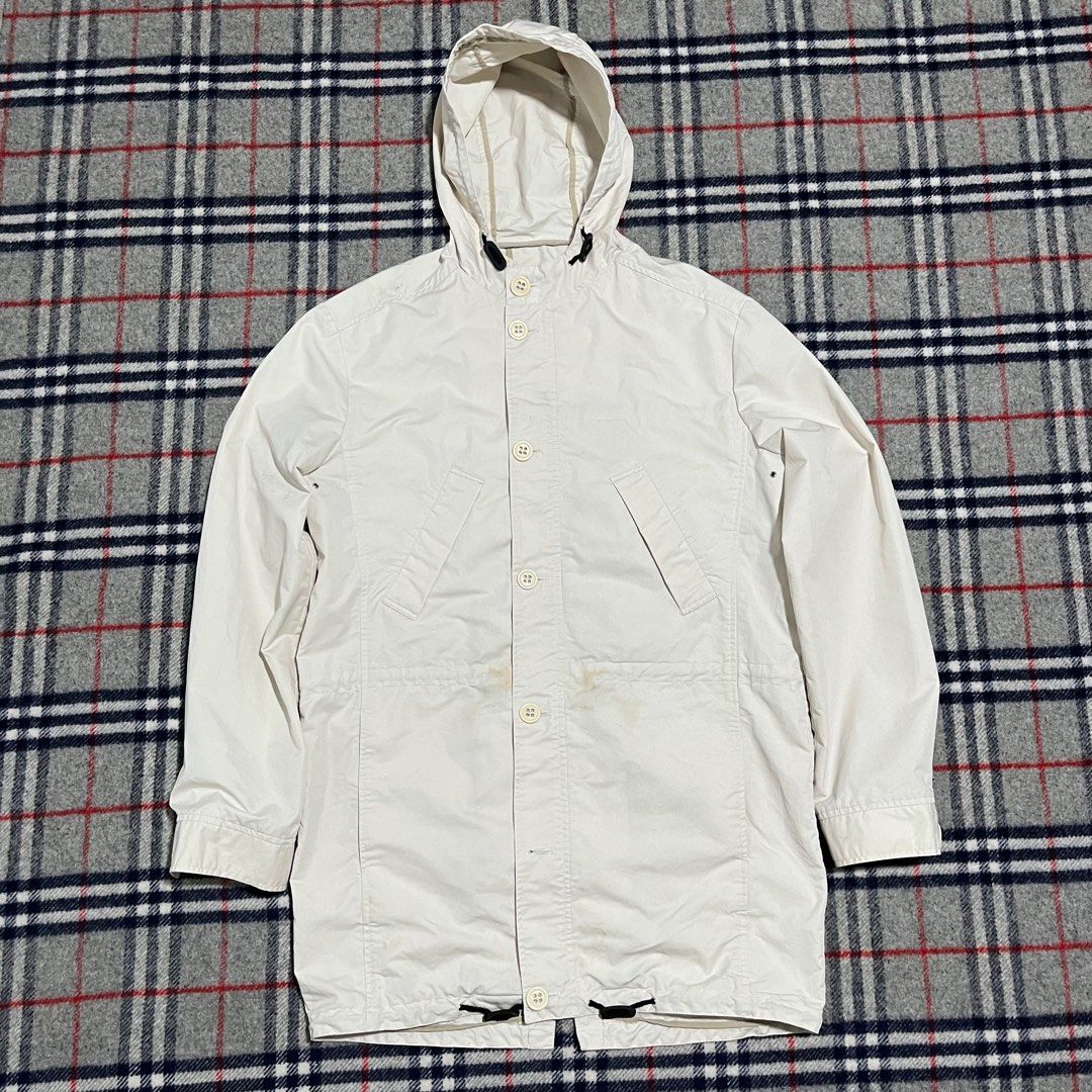 A.P.C. Parka Jacket (Category: Coats, Jackets and Outerwear) located in Marikina City. Submitted by wayupcollective (Listing ID 1347862048, Image 1). Description: A.P.C. Parka Jacket Size S on tag Made in Tunisia Color: cream Riri zippers Flaw: missing one button, removable dirts and yellow stains Measurement Length: 34” Width: 22” .