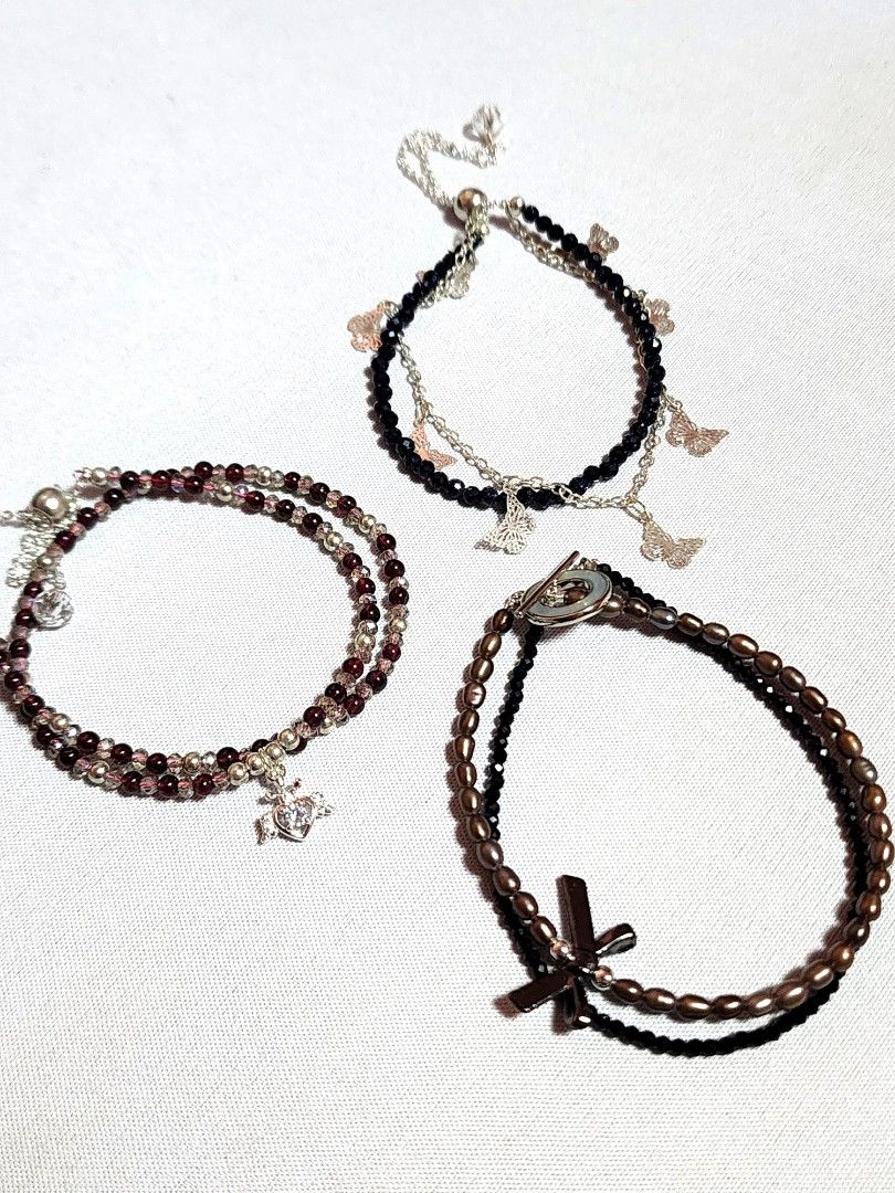 Assorted Bracelets (Category: Bracelets) located in Singapore. Submitted by shiioo (Listing ID 1348009614, Image 1). Description: 🔥 $8 per bracelet 🔥 Only 1 available for each type ‼️ No resizing service MIX AND MATCH ✨️ 1 for $8 3 for $23 5 for $37 Brown Pearl Beads with Black Faceted Chalcedony (image #2): - Approx. 2 mm bead size - Est. 18 cm wrist size - OT clasp Double-Rounded Garnet with Clear Quartz (image #3): - Approx. 2 mm bead size -