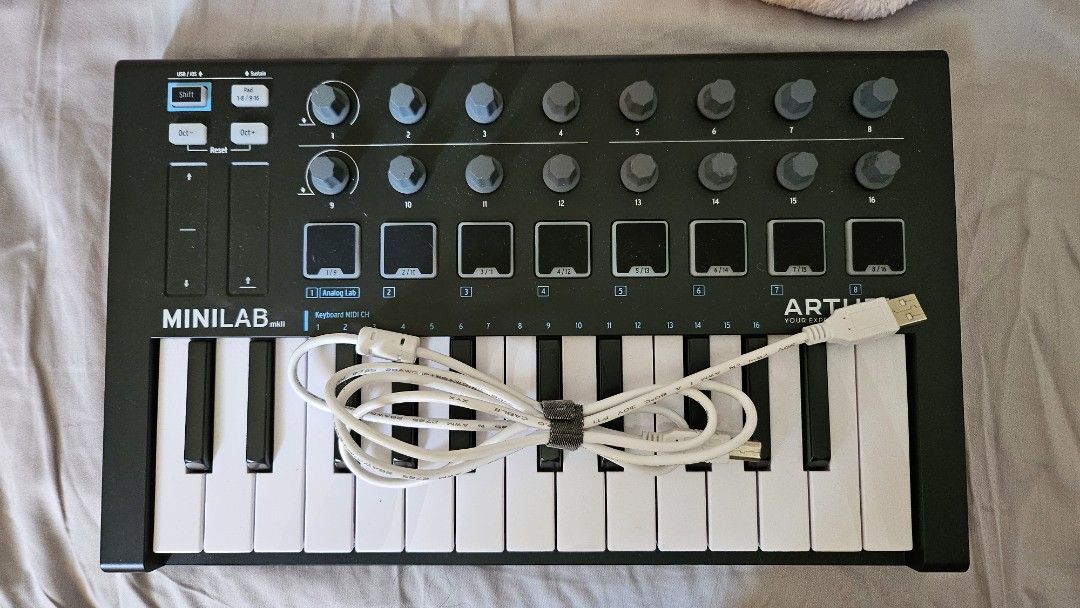 Arturia MINILAB mkii MIDI Keyboard (Category: Other Audio Equipment) located in Taguig. Submitted by alyshamagt68327 (Listing ID 1348034002, Image 2). Description: Can be used for music production, music recording, light DJ-ing, live music playing. Compatible with most common music editing softwares. Plug and play! Bought during the pandemic. Used only 2 times to test. Comes with USB cord. No box..