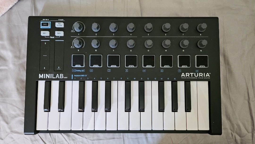 Arturia MINILAB mkii MIDI Keyboard (Category: Other Audio Equipment) located in Taguig. Submitted by alyshamagt68327 (Listing ID 1348034002, Image 1). Description: Can be used for music production, music recording, light DJ-ing, live music playing. Compatible with most common music editing softwares. Plug and play! Bought during the pandemic. Used only 2 times to test. Comes with USB cord. No box..