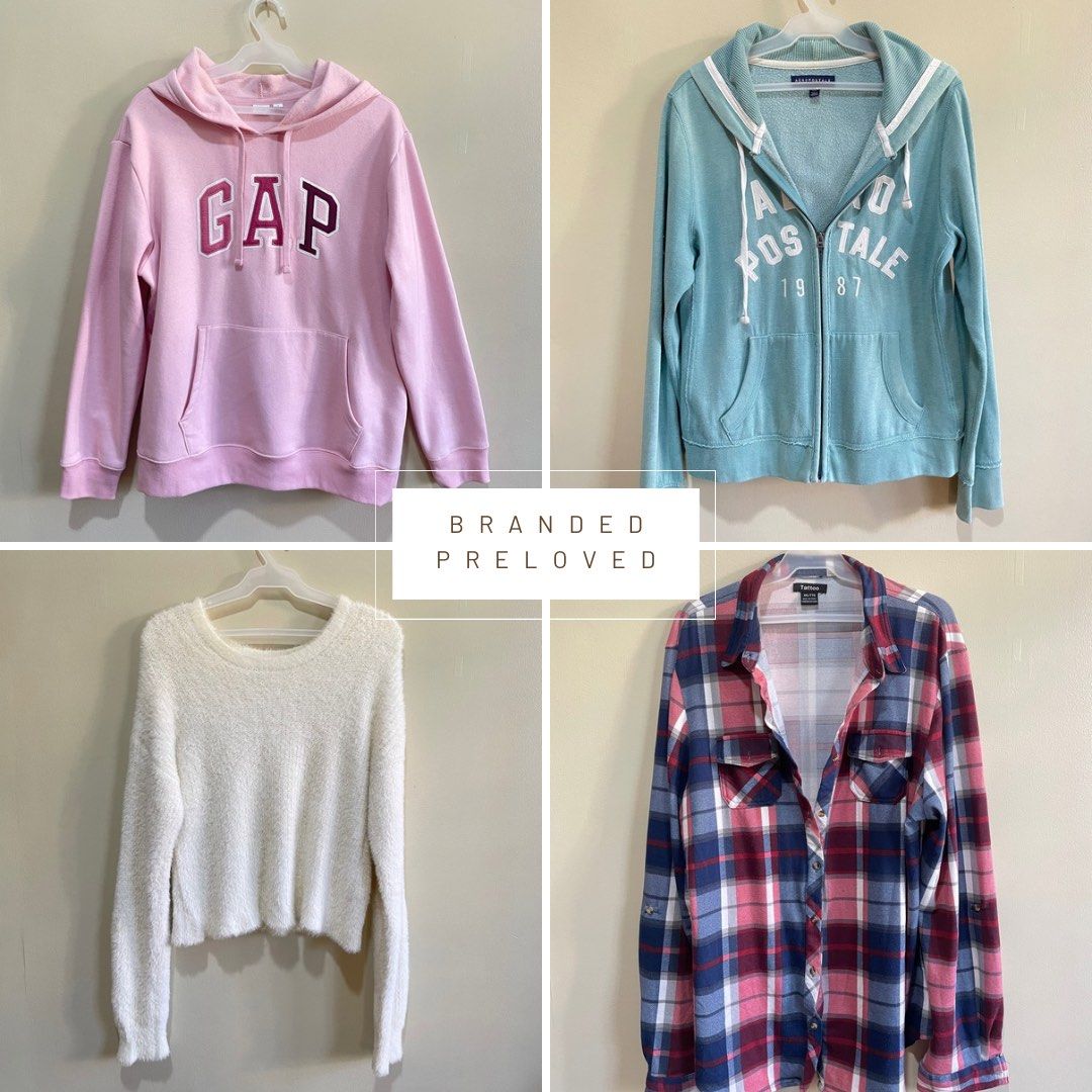 Branded Preloved Sweaters (Category: Coats, Jackets and Outerwear) located in Muntinlupa City. Submitted by hellotia (Listing ID 1348154573, Image 1). Description: GAP Sweater (used once) - ₱799 Aeropostle (well used) - ₱179 (SOLD) American Eagle Sweater - ₱199 Checkered Long-sleeves Polo - ₱99 Take all 4 items for ₱999.