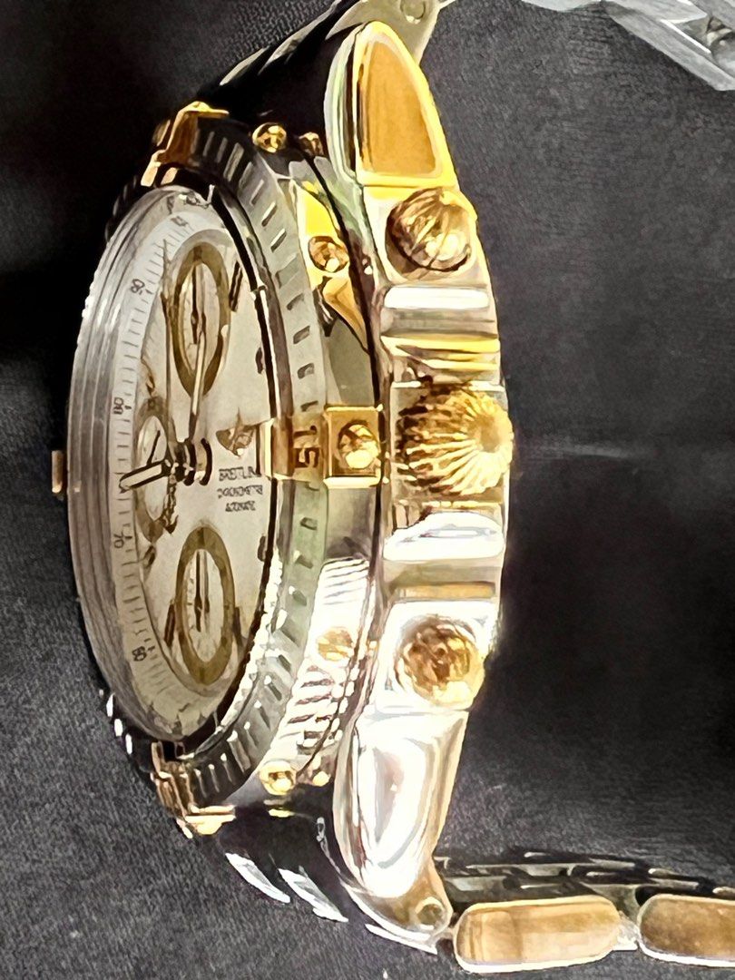 Breitling Chronomat (Category: Luxury Watches) located in Baliuag. Submitted by marksman28 (Listing ID 1342151863, Image 3). Description: Breitling Chronomat B13352 — Two-Tone Pilot’s Chronograph Model: Breitling Chronomat Reference: B13352 Movement: Breitling Caliber 13 (Valjoux 7750 base, automatic chronograph) Case Size: 39–40 mm stainless steel Bezel: 18K gold rider tabs Bracelet: Pilot-style, stainless steel & 18K gold Dial: [Adjust if possi
