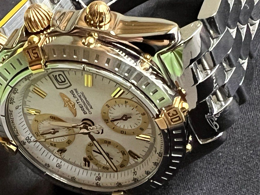 Breitling Chronomat (Category: Luxury Watches) located in Baliuag. Submitted by marksman28 (Listing ID 1342151863, Image 2). Description: Breitling Chronomat B13352 — Two-Tone Pilot’s Chronograph Model: Breitling Chronomat Reference: B13352 Movement: Breitling Caliber 13 (Valjoux 7750 base, automatic chronograph) Case Size: 39–40 mm stainless steel Bezel: 18K gold rider tabs Bracelet: Pilot-style, stainless steel & 18K gold Dial: [Adjust if possi