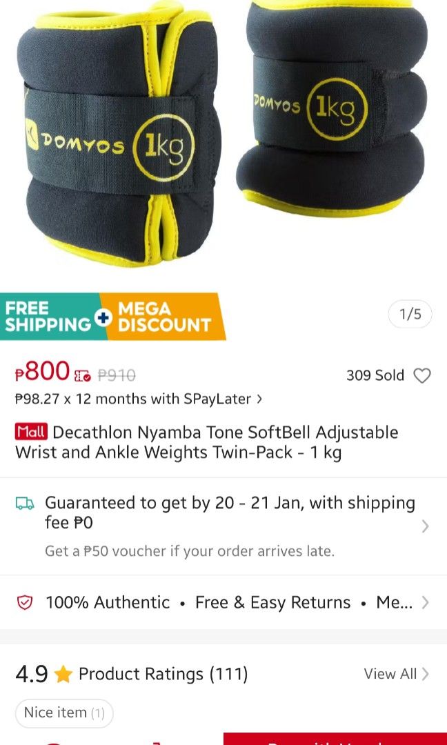 Decathlon ankle weights 1 kg each (Category: Weights & Dumbbells) located in Pasig City. Submitted by chinitafrommanila (Listing ID 1348216191, Image 1). Description: .