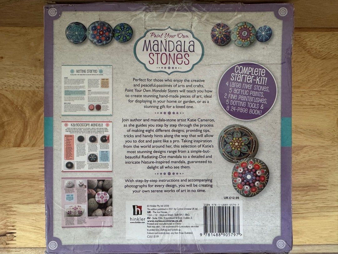 DIY Mandala Stones (Category: Craft Supplies & Tools) located in Plaridel. Submitted by oliviasattic (Listing ID 1348030296, Image 2). Description: Paint your own Mandala stones kit Complete 4 large river stones 5 acrylic paint 2 fine paint brush 5 dotting tools 24 page book *Na open lang po un box *as is.