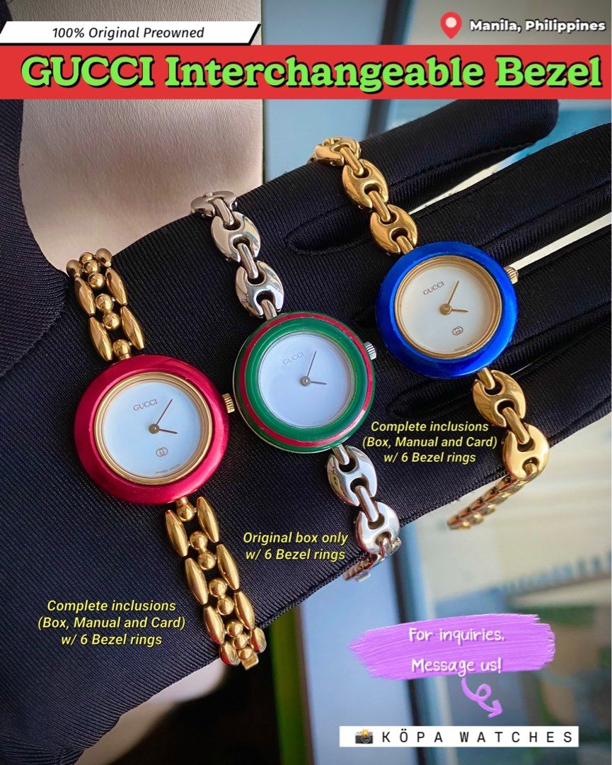 GUCCI Bezel Watches (Category: Women's Watches) located in Manila. Submitted by kopawatches (Listing ID 1348060975, Image 1). Description: Switch up your style with Gucci interchangeable bezels and your choice of rice or marina link bracelets. 💌 Gold Rice link - 18,000 only Steel Marina link - 16,000 only Gold Marina link - 18,000 only 100% Original Preowned Follow for more luxury! 📸IG: Köpa Luxury Watch II Ready for delivery/meetup.