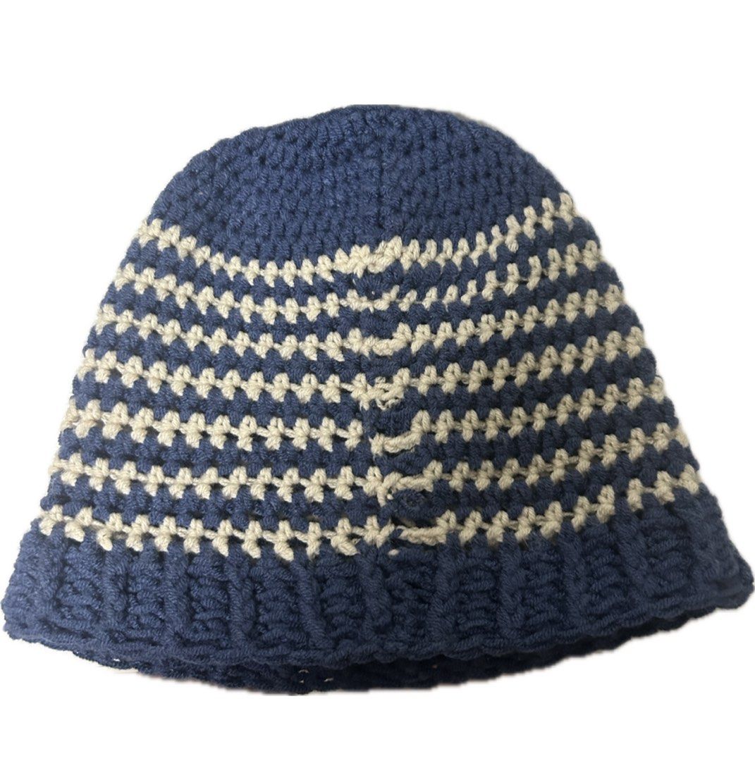 Handmade Blue and Wheat Striped Crochet Beanie (Category: Hats & Beanies) located in Lapu Lapu. Submitted by yoomii0 (Listing ID 1348209713, Image 2). Description: ★ issues: slightly uneven stitches on some parts, unclean edges on back side of beanie (2nd pic) ★ MOP: gcash only ★ feel free to message me if you have more questions!.