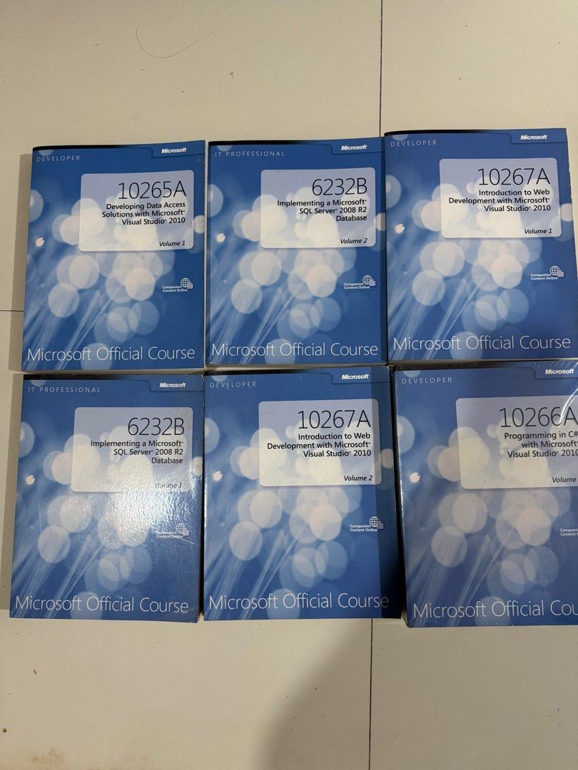 Microsoft Official Course Books (Category: Textbooks) located in Mandaluyong City. Submitted by erca.stuff (Listing ID 1348156263, Image 3). Description: Here are the books I barely used during our training with Microsoft, some books are sealed pa. Nakatambak na lang: - Course 10266A: Programming In C# With Microsoft Visual Studio 2010 volume 1 - Course 10266A: Programming In C# With Microsoft Visual Studio 2010 volume 2 - Course 10267A: Introduc
