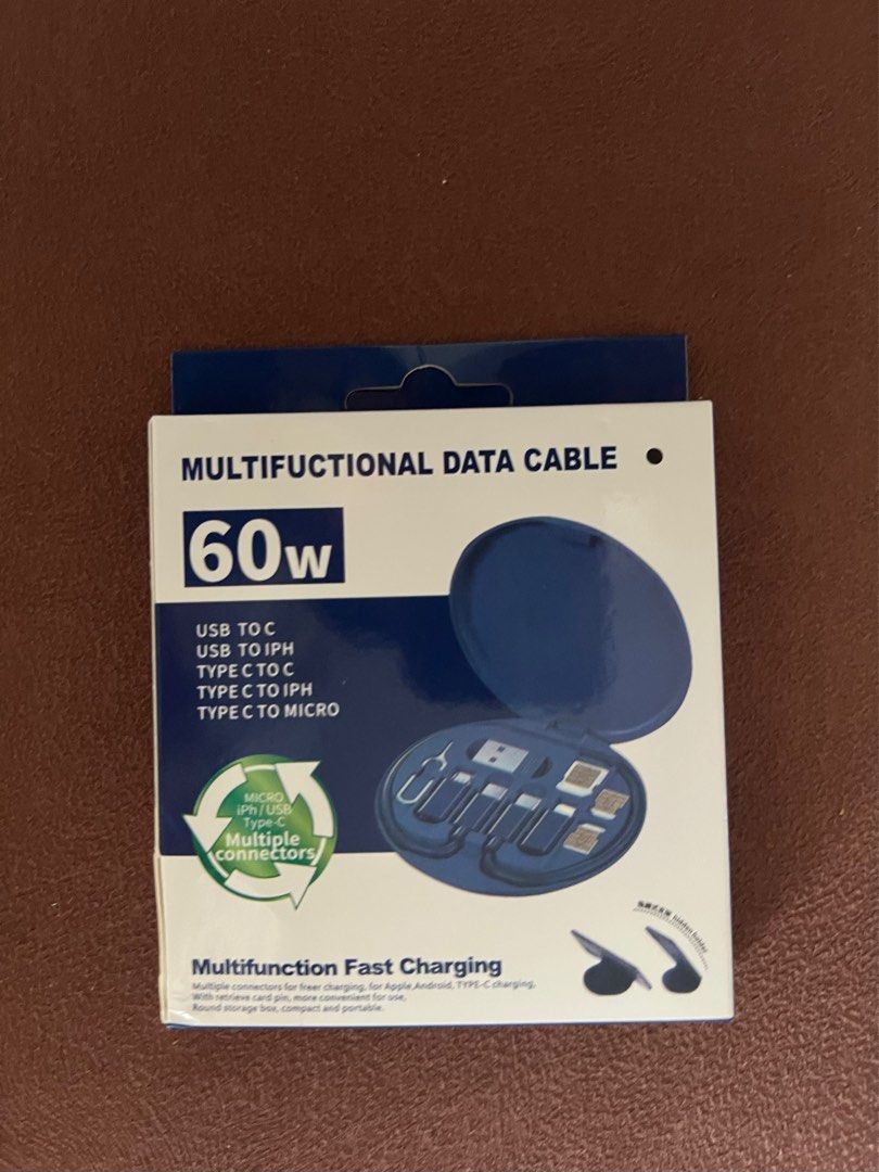 Multifunctional Data Cable (Category: Chargers & Cables) located in Singapore. Submitted by clemenceau (Listing ID 1348126450, Image 1). Description: 60W USB TO C USB TO IPH TYPE C TO C TYPE C TO IPH TYPE C TO MICRO Multifunctional Fast Charging.
