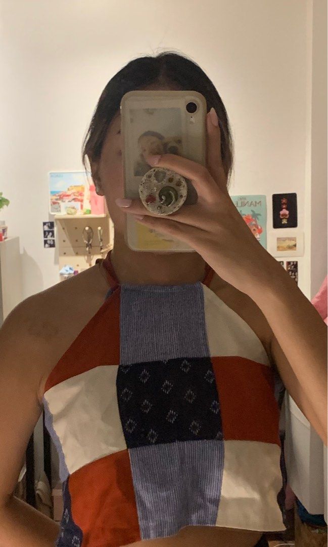 Patchwork Halter Top (Category: Sleeveless) located in Pasig City. Submitted by meowstuff_ (Listing ID 1348122755, Image 1). Description: - super cute patchwork halter top - fits xs-s - rfs: decluttering.