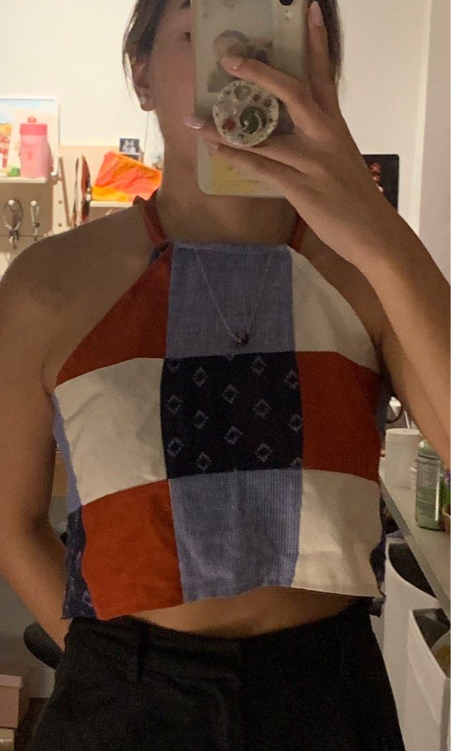 Patchwork Halter Top (Category: Sleeveless) located in Pasig City. Submitted by meowstuff_ (Listing ID 1348122755, Image 2). Description: - super cute patchwork halter top - fits xs-s - rfs: decluttering.
