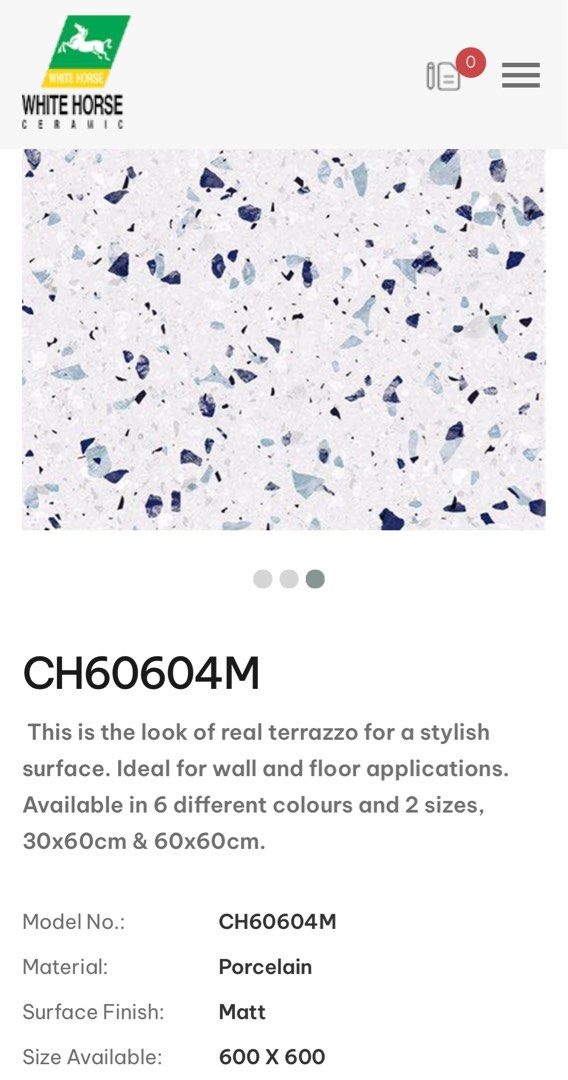 Patterned Tiles (Category: Other Home Decor) located in Singapore. Submitted by a1997 (Listing ID 1348106590, Image 2). Description: Patterned tiles from White Horse. Leftover after completion of home renovation. Condition: 10/10 Original price: $15/pc Selling price: $14/pc Quantity: 3pcs (blue) / 4pcs (white) Size: 60x60cm Self collect at 520812 only. No delivery. White tiles are still kept safe in the original packaging. .