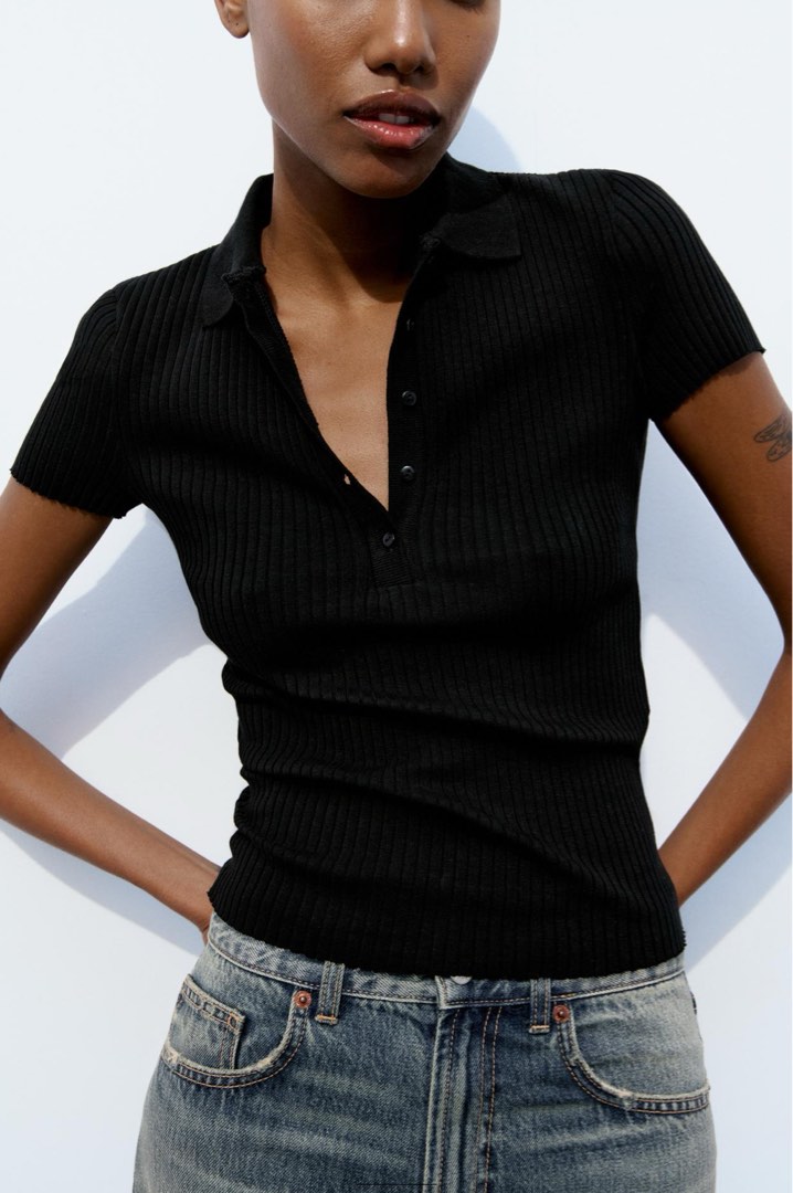 ZARA Ribbed Polo Collar Top - Light Green