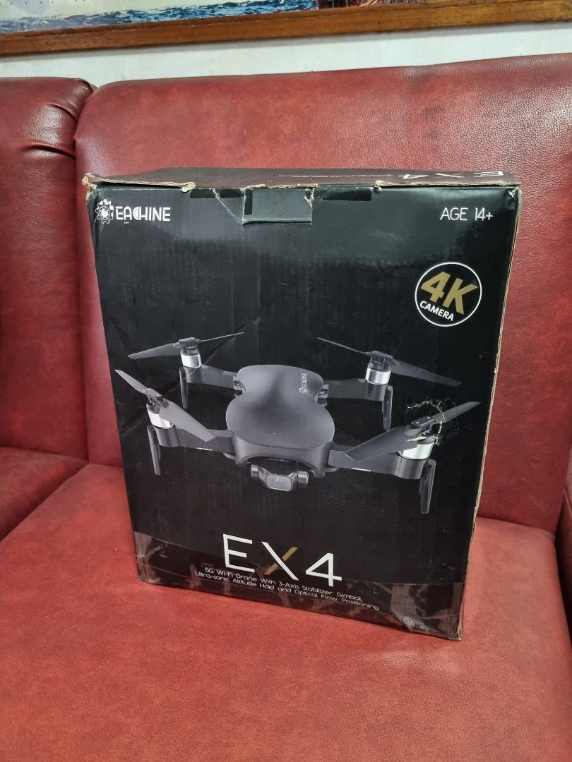 Drone Eachine EX 4 4K (Category: Drones) located in Quezon City. Submitted by Sima12 (Listing ID 1348403848, Image 1). Description: Eachine EX 4, 4K Drone used, complete accessories, 3 axis gimbal, 4 k camera, optical flow sensor, brushless motor, remote control, 6 extra propeller, charging cable, with 3 cable fast charging adaptor, and carrying bag, only issue is 3 pcs. battery pack , fast discharge, need to replaced battery, you can buy at onli