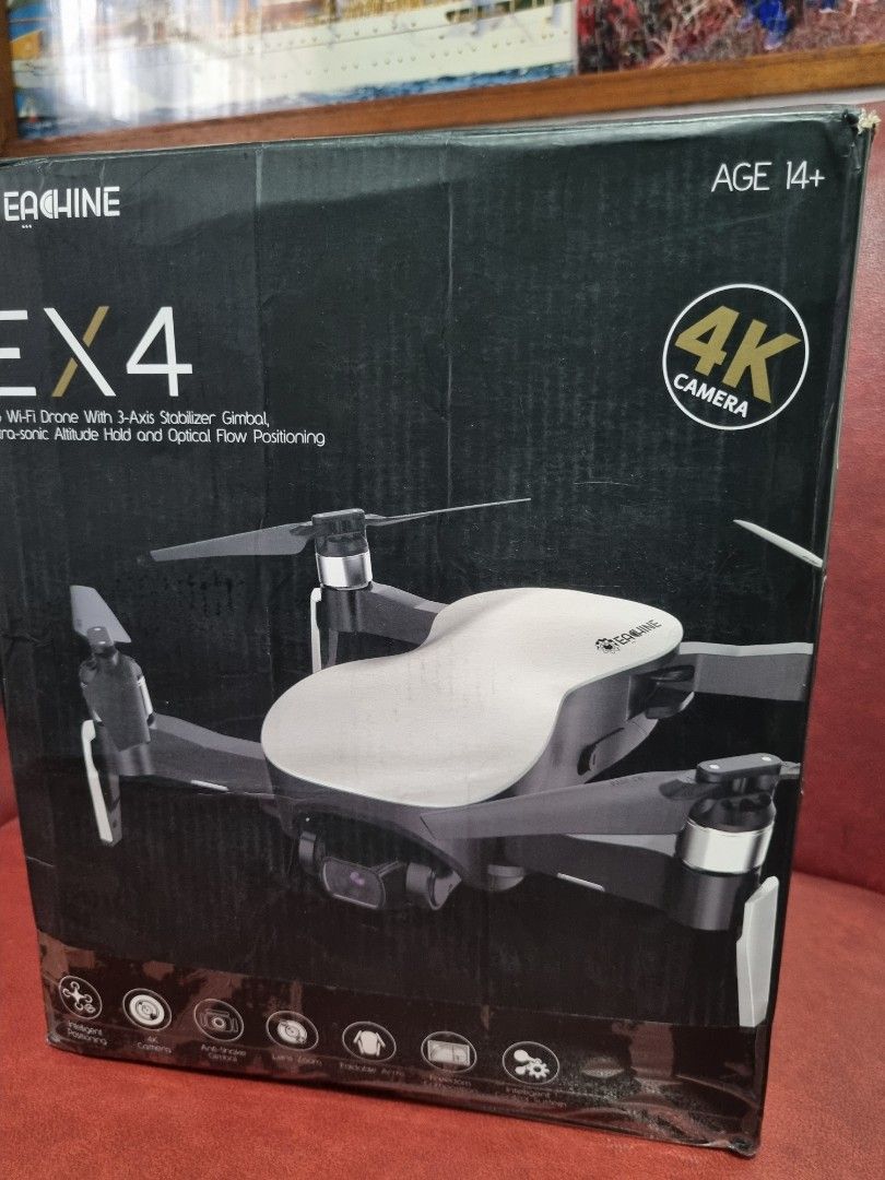 Drone Eachine EX 4 4K (Category: Drones) located in Quezon City. Submitted by Sima12 (Listing ID 1348403848, Image 3). Description: Eachine EX 4, 4K Drone used, complete accessories, 3 axis gimbal, 4 k camera, optical flow sensor, brushless motor, remote control, 6 extra propeller, charging cable, with 3 cable fast charging adaptor, and carrying bag, only issue is 3 pcs. battery pack , fast discharge, need to replaced battery, you can buy at onli