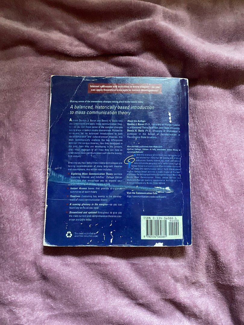 Mass Communication Theory (Category: Textbooks) located in Valenzuela. Submitted by popyard (Listing ID 1348323609, Image 2). Description: Payment: Bank transfer Reicipient must shoulder courier costs Courier: LBC For nearby cities, we can use Grab/Lalamove .