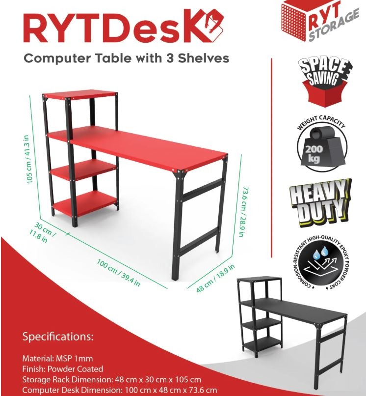 RYTDesk Computer Table with 3 Shelves Study (Color: All Black ...
