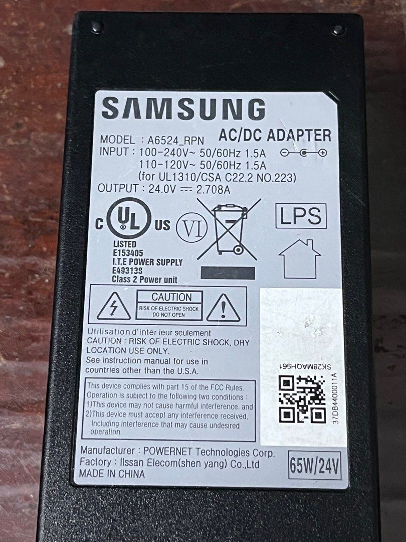 Samsung Adapter 24v (Category: Cables & Adaptors) located in Guagua. Submitted by goodbuysathome (Listing ID 1348227588, Image 2). Description: Original Samsung laptop Adapter 24v Unused Add sf 54 GCash payment .