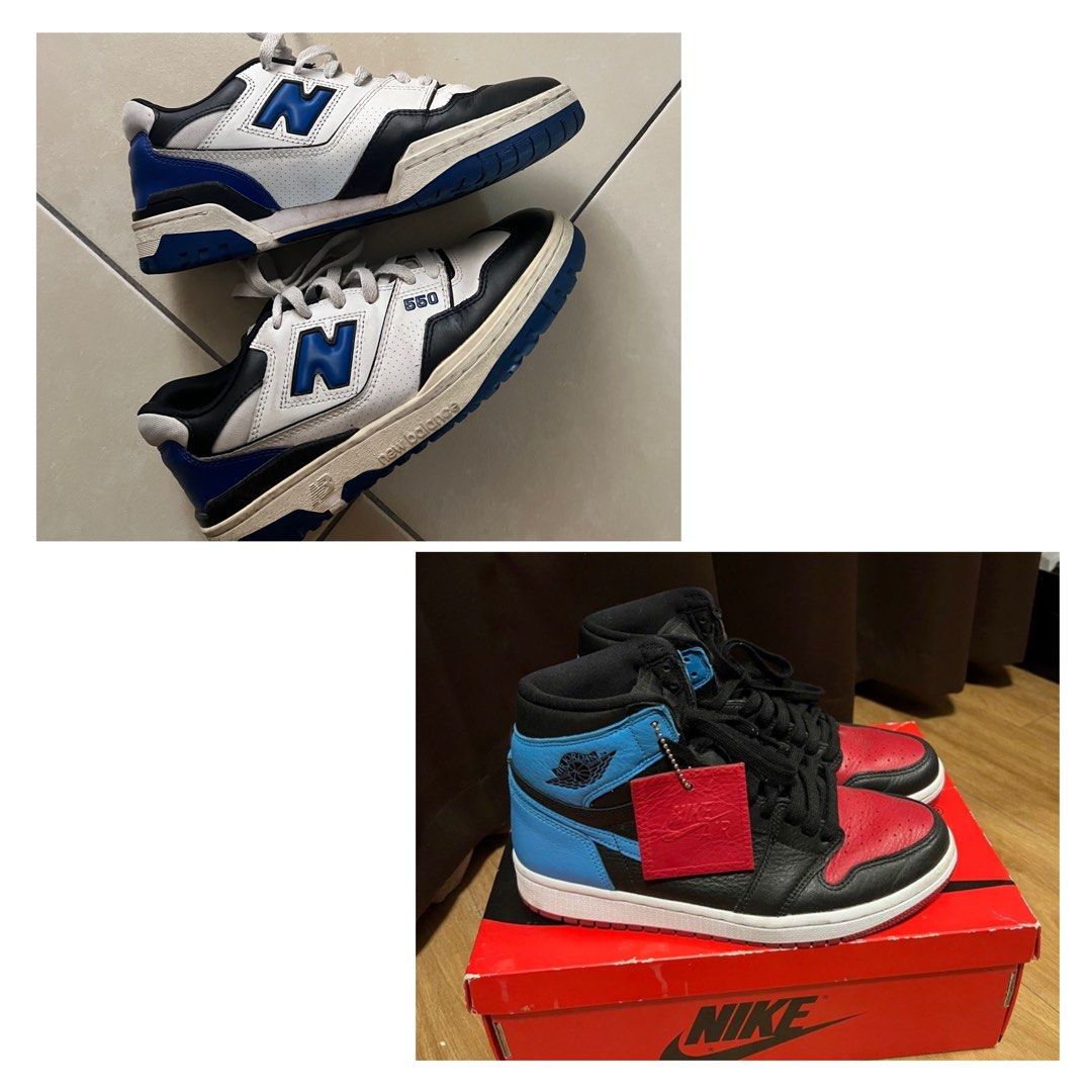 New Balance 550 and Jordan (Category: Sneakers) located in Quezon City. Submitted by bata.rom (Listing ID 1348315643, Image 1). Description: Selling these pairs as pack. WMNS AJ 1 UNC TO CHI Size: 8.5 (US) (Women size) Condition: 7.5/10 (with crease) No Box NB 550 US 7.5 Mens Condition: 6/10 Used Rest assured that the item would be fresh and clean upon delivery. No Box MOP: BDO/BPI/RCBC/GCASH MOD: Lalamove/Grab/Meet Up: Fairview Terraces, SM Fair