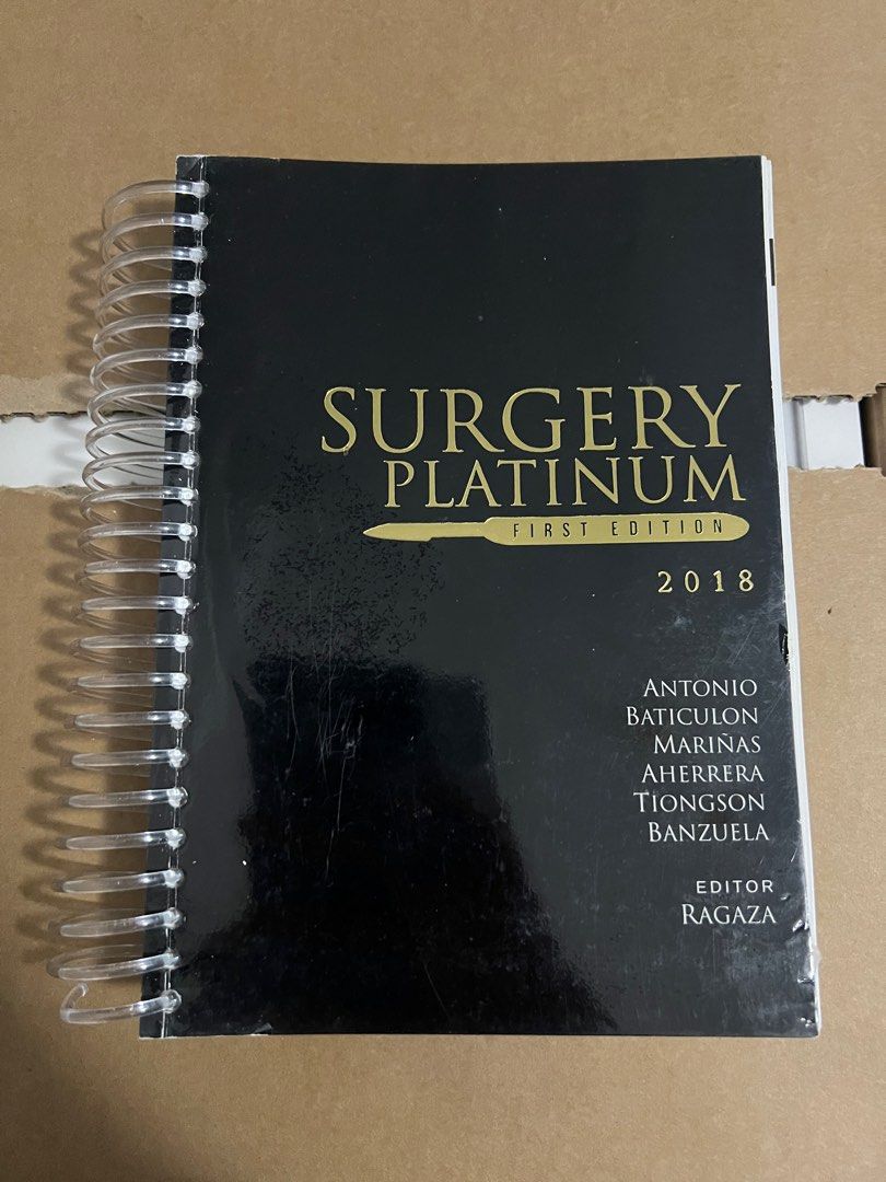Surgery Platinum 1st Edition (Category: Textbooks) located in Orion. Submitted by ajeuu (Listing ID 1348285124, Image 1). Description: - Preloved Surgery Platinum 1st Ed. - Original copy but had it coil bound for easier reading - super minimal highlights (<20 pages) - with plastic cover - super high yield esp during clerkship and internship! 💯 - RFS: passed the boards already and won’t be needing it na :).