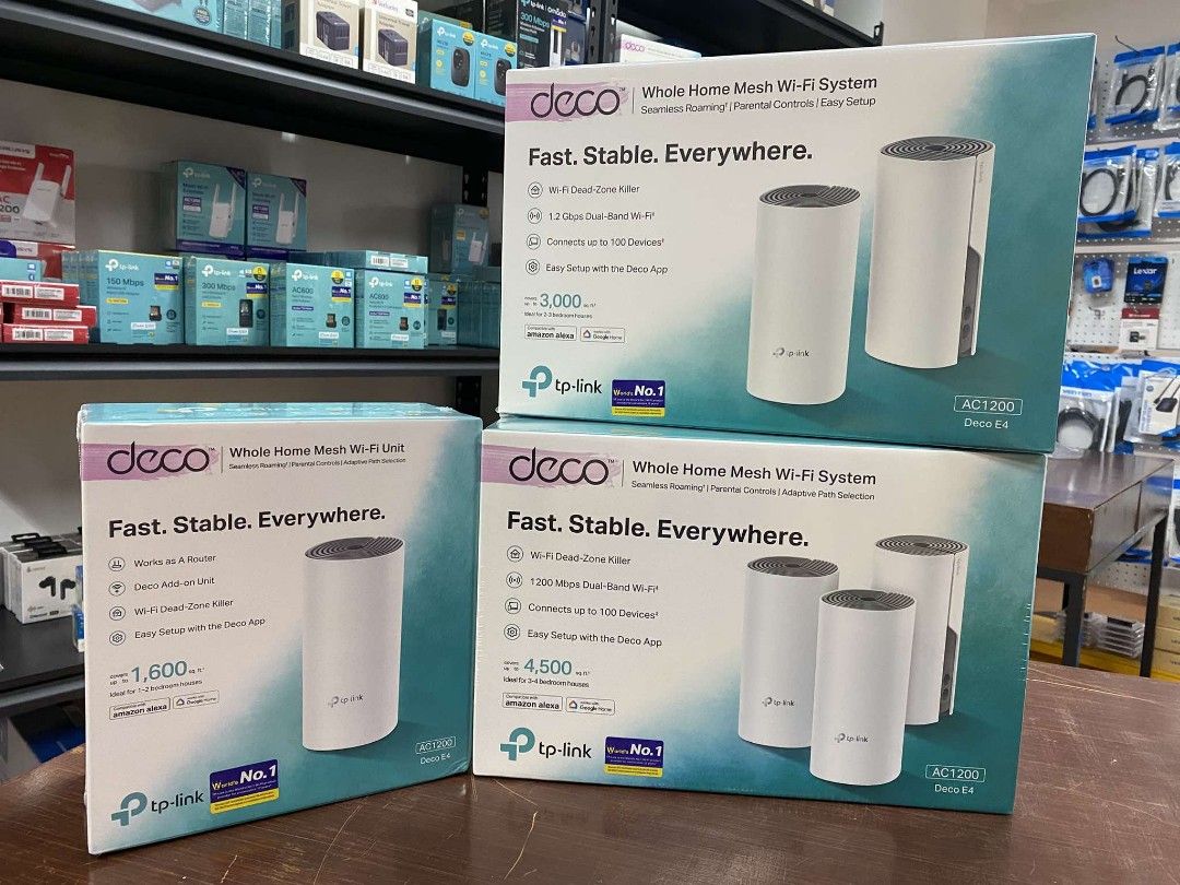 TP-Link Deco E4 AC1200 Whole Home Mesh Wi-Fi System (Category: Networking) located in Pasig City. Submitted by techubstoreandaccessories (Listing ID 1348224839, Image 2). Description: TP-Link Deco E4 (1-Pack) AC1200 Whole Home Mesh Wi-Fi System Ready for Pick Up / Delivery ‼️ 📌 DETAILS: ✅Actual Picture Posted. ✅BRAND NEW & ORIGINAL. ✅7 Days Replacement for Factory Defects and 1year Warranty. (Terms and conditions apply) -------------------------