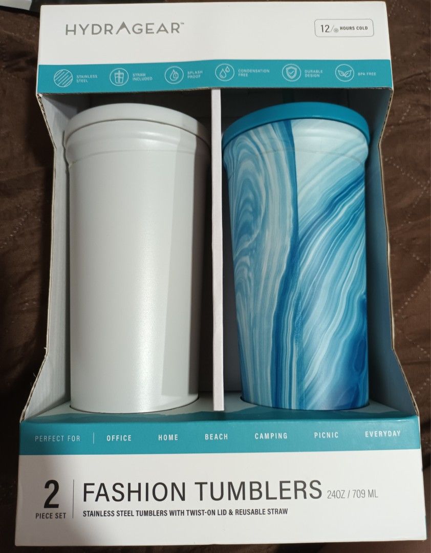 Tumblers (Hydragear brand) (Category: Other Kitchenware & Tableware) located in Quezon City. Submitted by Chingkit7 (Listing ID 1348229481, Image 3). Description: - never used/never opened - 2 x 240z/709ml - 12 hours cold - stainless steel - straw included.