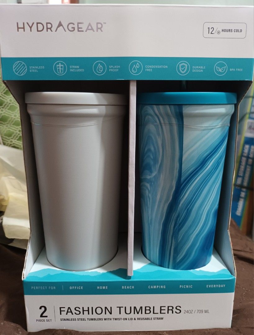 Tumblers (Hydragear brand) (Category: Other Kitchenware & Tableware) located in Quezon City. Submitted by Chingkit7 (Listing ID 1348229481, Image 1). Description: - never used/never opened - 2 x 240z/709ml - 12 hours cold - stainless steel - straw included.