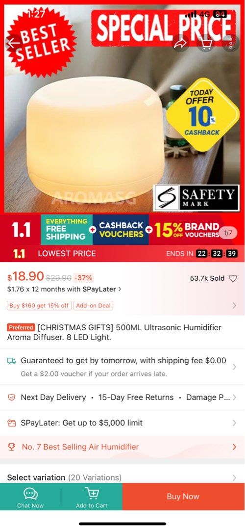 Aroma Diffuser (Category: Home Fragrance) located in Singapore. Submitted by kevcheung (Listing ID 1345103812, Image 2). Description: Bought less than 3 months ago from screenshot. Lightly used. DM me for more details.