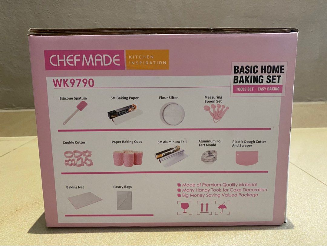 Chefmade Basic Home Baking Set (Category: Bakeware) located in Singapore. Submitted by chrrss (Listing ID 1344986580, Image 3). Description: Comes in a lovely shade of pink. High quality baking tools, suitable for those wanting to try out baking. Entirely new set, selling it as i had already bought it a few years back but could not find the time to bake. .