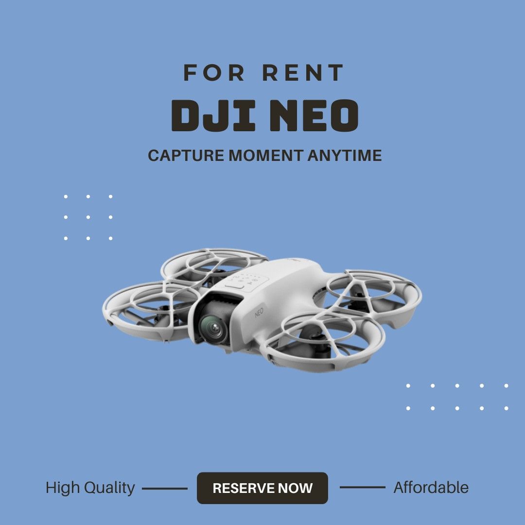 DJI NEO Drone for Rent (Category: Drones) located in Valenzuela. Submitted by salecollectionph (Listing ID 1345000373, Image 1). Description: Need a handy high-quality camera for aerial shots? We have all new DJI NEO for rent that can shoot up to 4k resolution 💯 Other items for rent: Sony A6000 Sony A6300 Gimbal Lenses Tripod Cars.