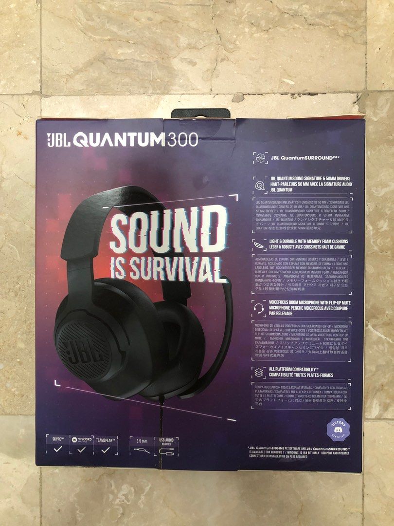JBL Quantum 300 Hybrid Gaming Headset (Category: Headphones & Headsets) located in Mandaluyong City. Submitted by airbornemerchandise (Listing ID 1344968614, Image 2). Description: Step up your game with superior audio. JBL Quantum 300 wired headset creates a new level of immersion thanks to JBL Quantum SOUND Signature and accurate audio positioning. JBL Quantum SURROUND generates a realistic soundscape that drops you in the middle of the action,