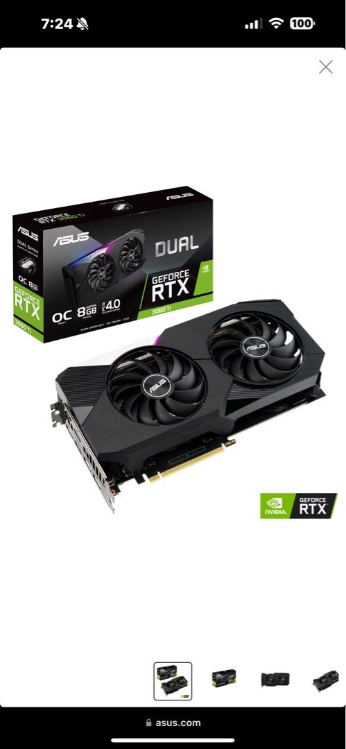 RTX 3060 Ti (Category: Computer Parts) located in Singapore. Submitted by jjhyx (Listing ID 1345115607, Image 1). Description: Asus Dual RTX 3060 Ti OC - Bought at 2022 but usage wise less than a year - Doesn’t come with box but will be placed in a static bag - No warranty left therefore selling cheaper .