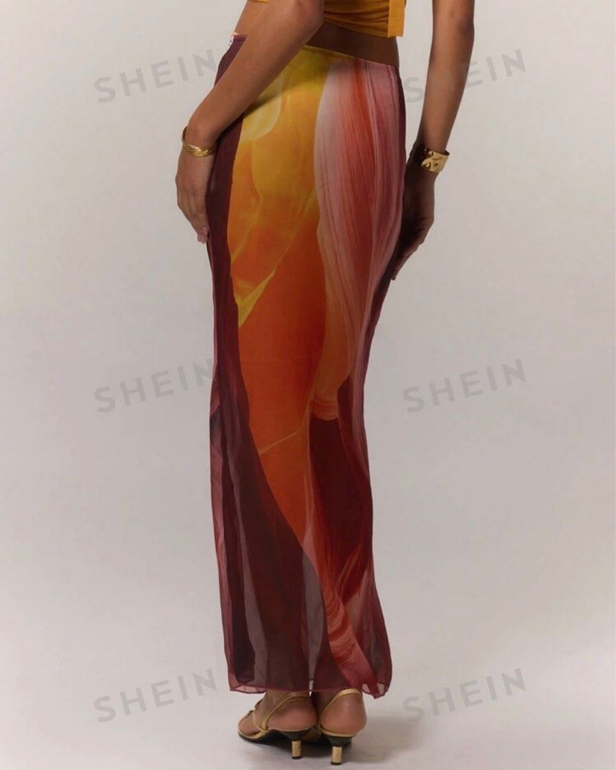 SHEIN Musera Abstract Print Sheer Maxi Skirt (Category: Skirts) located in Manila. Submitted by staplepieces (Listing ID 1345110466, Image 3). Description: MAXI SKIRT ONLY Used once! Size: XS (multicolor) — 27 sa medida Note: First pic & last 2 picture, nakafold/tuck in lang yung skirt because it was too long sakin. .