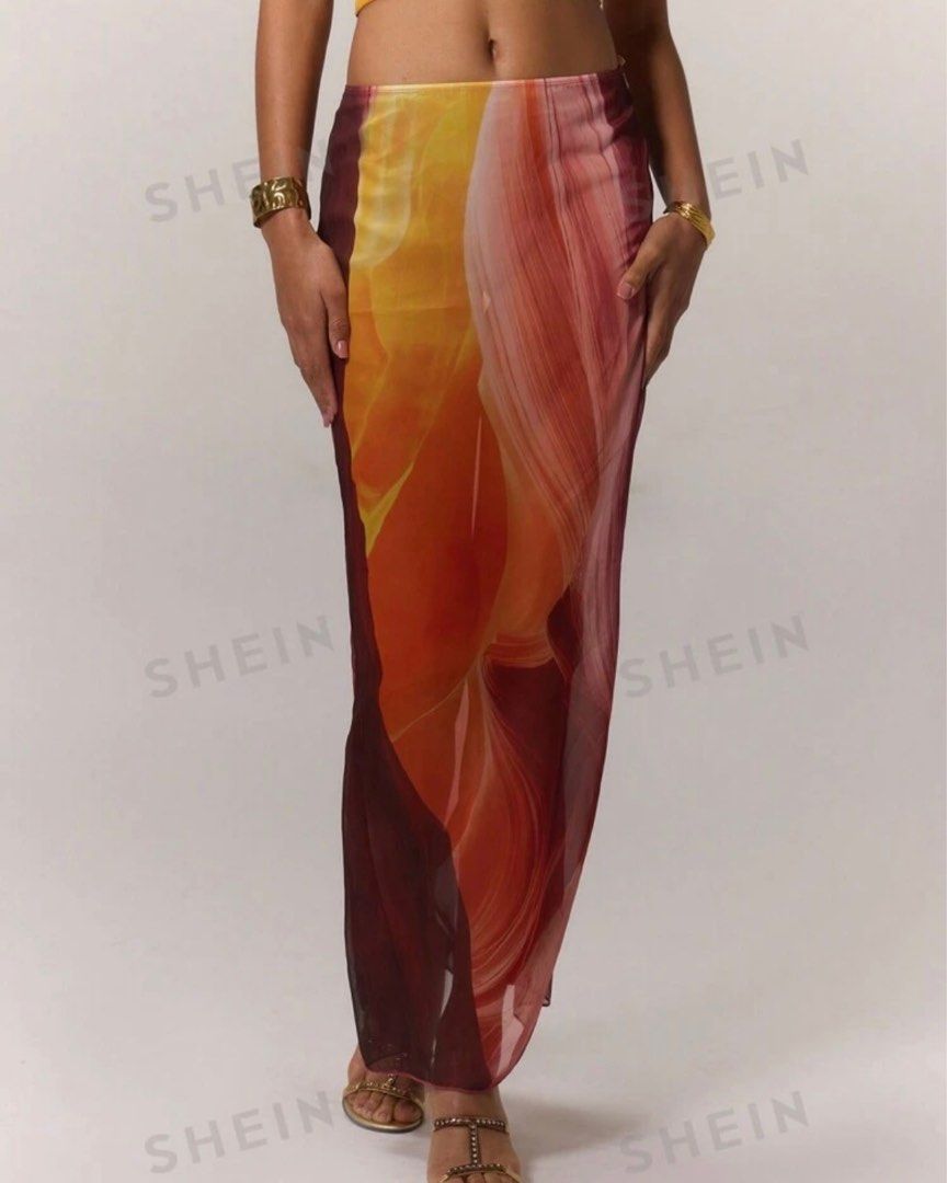 SHEIN Musera Abstract Print Sheer Maxi Skirt (Category: Skirts) located in Manila. Submitted by staplepieces (Listing ID 1345110466, Image 2). Description: MAXI SKIRT ONLY Used once! Size: XS (multicolor) — 27 sa medida Note: First pic & last 2 picture, nakafold/tuck in lang yung skirt because it was too long sakin. .