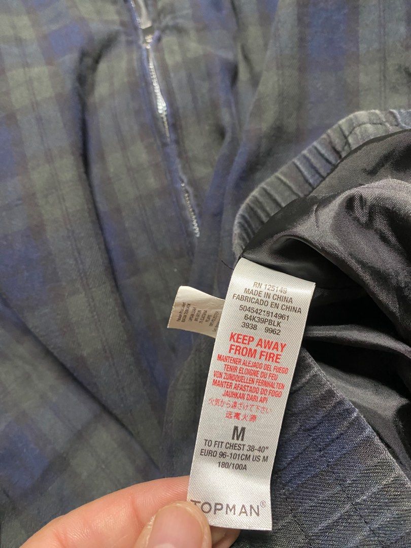 Topman Bomber Jacket M (Category: Coats, Jackets and Outerwear) located in Quezon City. Submitted by sellinsomestuff (Listing ID 1345006200, Image 3). Description: Topman Bomber Jacket Medium (W20”xL25”) Checkered design green/blue/black 98% cotton No issues No being used Kept in closet Wash and wear For pickup or shipping co buyer Thank you.