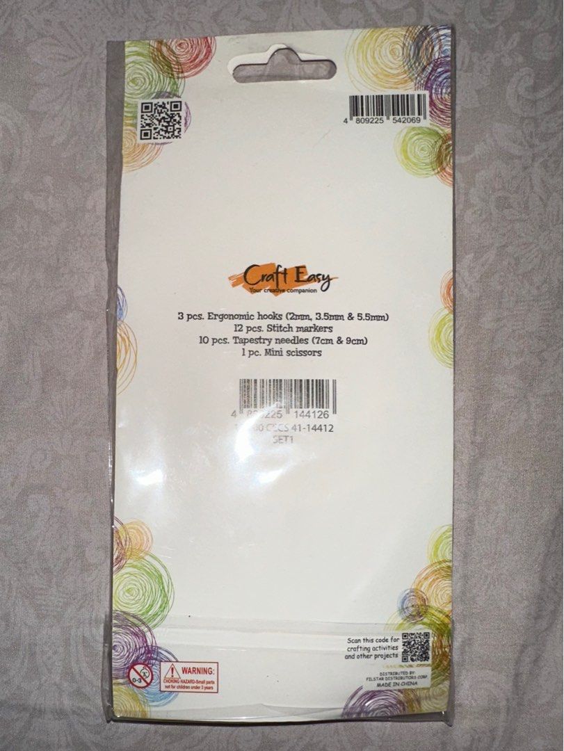 Craft Easy - Basic Crochet Set (26-piece set) (Category: Craft Supplies & Tools) located in San Juan City. Submitted by channiesara3 (Listing ID 1348502087, Image 2). Description: Brand new and never been used! Inclusions: 3 pcs. Ergonomic hooks (2mm, 3.5mm & 5.5mm) 12 pcs. Stitch markers 10 pcs. Tapestry needles (7cm & 9cm) 1 pc. Mini scissor.
