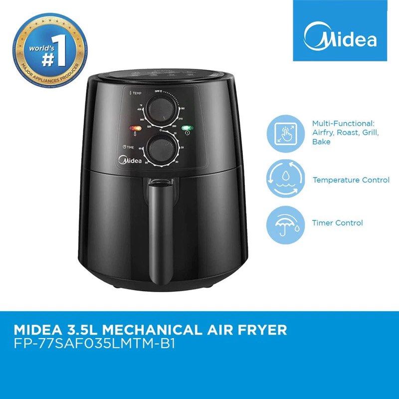 MIDEA 3.5L AIR FRYER (Category: Fryers) located in Quezon City. Submitted by reignsebag85059 (Listing ID 1348563893, Image 1). Description: Bought it in all homes with box also. I used it a few times lang talaga selling it kase planning to move to house na fully furnished na. CMIP Model: FP-77SAF035LMTM-B1 Fry Basket Capacity: 3.5L Housing: Plastic (ABS) Control: Mechanical Voltage: 220-240V/ 50-60Hz Power: 1400 Timer (min): 60 Temperature (°C): 