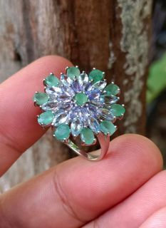 Natural EMERALD, TANZANITE & AQUAMARINE cocktail ring