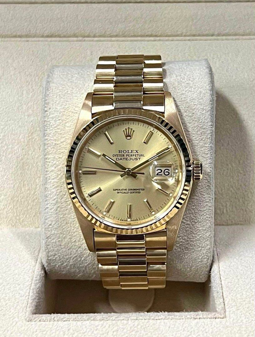 Rare Rolex Datejust “Presidential” (Category: Luxury Watches) located in Mandaluyong City. Submitted by penchantfive (Listing ID 1348528138, Image 1). Description: Rare Vintage 1989 Rolex Datejust in Solid 18 Karat Gold -Reference No: 16018 -18K Solid Gold -Presidential Bracelet - Guaranteed Authentic and Open for Authentication at buyer’s expense -Watch Only .