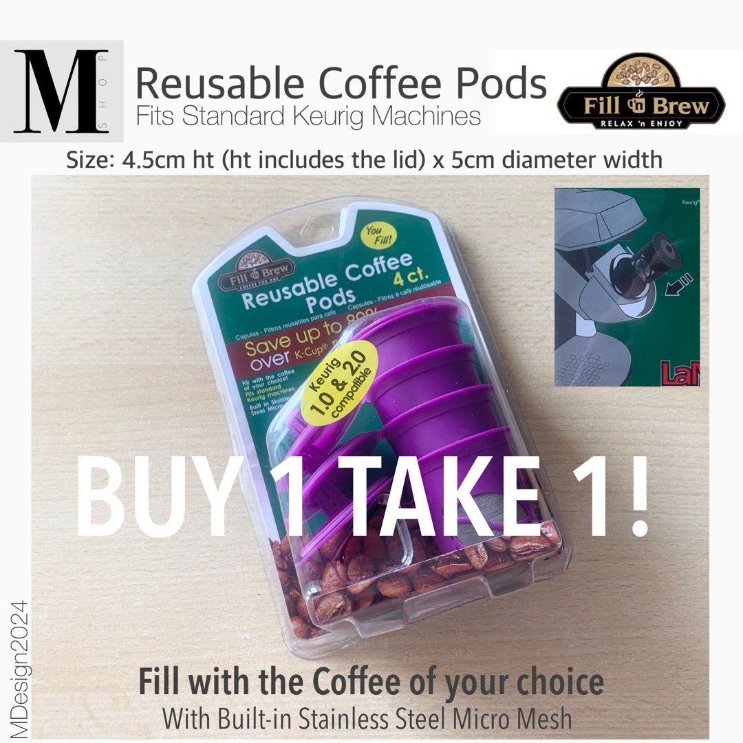 Reusable Coffee Pods, 4pc Set BUY 1 TAKE 1! (Category: Coffee & Tea Tableware) located in Manila. Submitted by mshopmla (Listing ID 1294443637, Image 1). Description: Reusable Coffee Pods, 4pc Set, Fits standard Keurig machines Fill with the coffee of your choice! with Built in Stainless Steel Micro Mesh Easy to Use • Fill with your favorite coffee. • Snap the lid closed. • Place Fill’ n Brew Pod System into a one cup Keurig or similar coffee mak