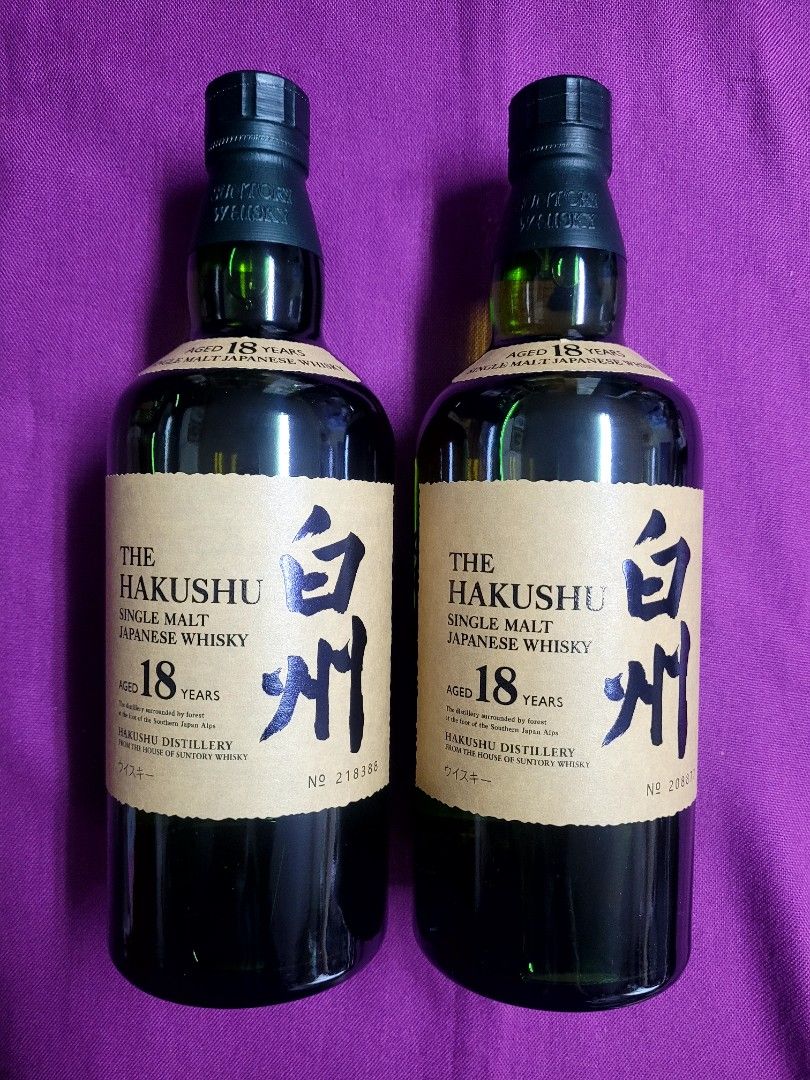 日本威士忌，白州18年，有外盒， 43% Alc.， 700ml，有2樽，價錢以每樽計, 嘢食& 嘢飲, 酒精飲料- Carousell