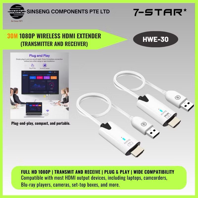 7-STAR* 1080P 30M Wireless HDMI Video Audio Transmitter Receiver Extender For TV Box Monitor Projector PC - Model:HWE-30 (Category: Cables & Adaptors) located in Singapore. Submitted by SinsengComponentsPteLtd (Listing ID 1348751343, Image 1). Description: Est. 1971, Sinseng Components Pte Ltd , Formerly known as Sin Seng Radio & TV Parts Dealers located at Kelantan in 1960s, Sinseng Current Flagship Store is located at: #01-11 Sim Lim TOWER (S)2