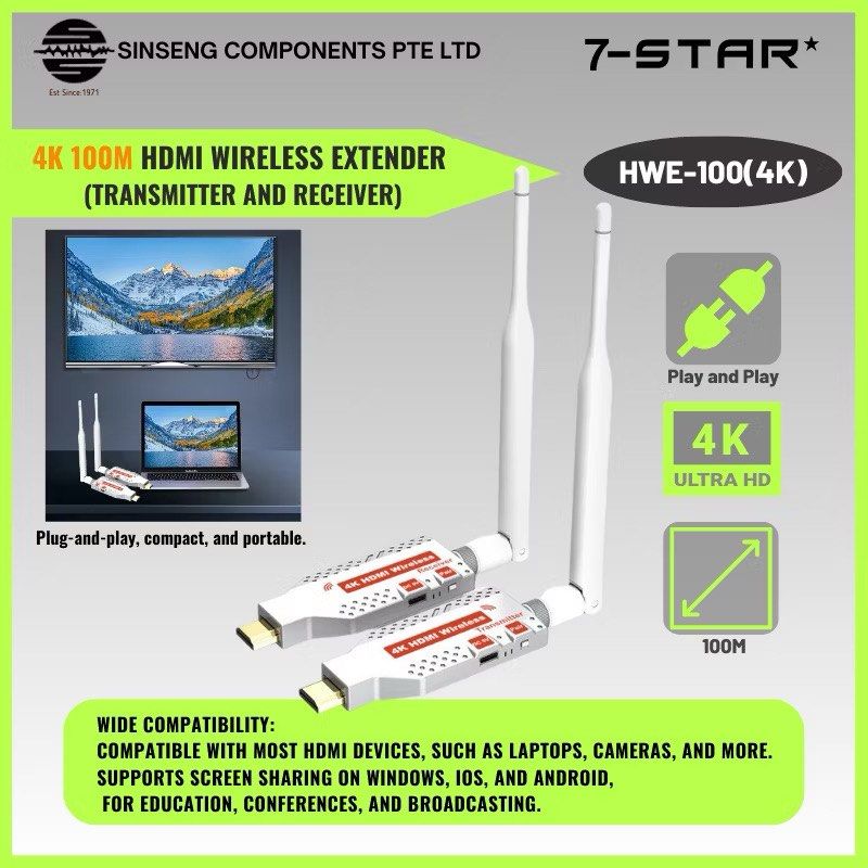 7-STAR* 4K 100M HDMI Wireless Extender | 5G | Display Video Transmitter & Receiver | Plug and Play | HWE-100(4K) (Category: Cables & Adaptors) located in Singapore. Submitted by SinsengComponentsPteLtd (Listing ID 1348656740, Image 1). Description: Est. 1971, Sinseng Components Pte Ltd , Formerly known as Sin Seng Radio & TV Parts Dealers located at Kelantan in 1960s, Sinseng Current Flagship Store is located at: #01-11 Sim Lim TOWER (S)208787. W