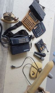 9pcs Bundle - Vintage Japan Uniden Portable Telephone, Microphones, Atomic Watch Clock, Casio Calculator, Adonis Microphone Compressor, RA-600 CATV, Omni Lamp School Movie Props