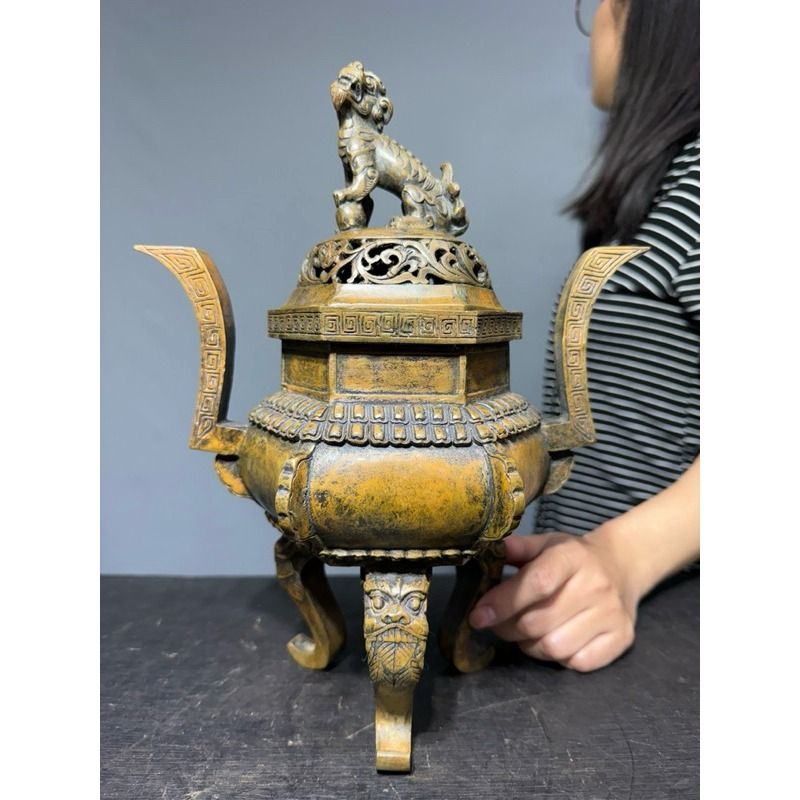 合雅藝品】精選純銅【天狗爐】沖天耳爐蓋簍雕三足鼎立熏香爐香爐薰香爐